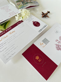 Burgundy Passport Wedding Invitations, Destination Wedding Invitation, Personalised Venue Watercolour, Travel Inspired Wedding Suite