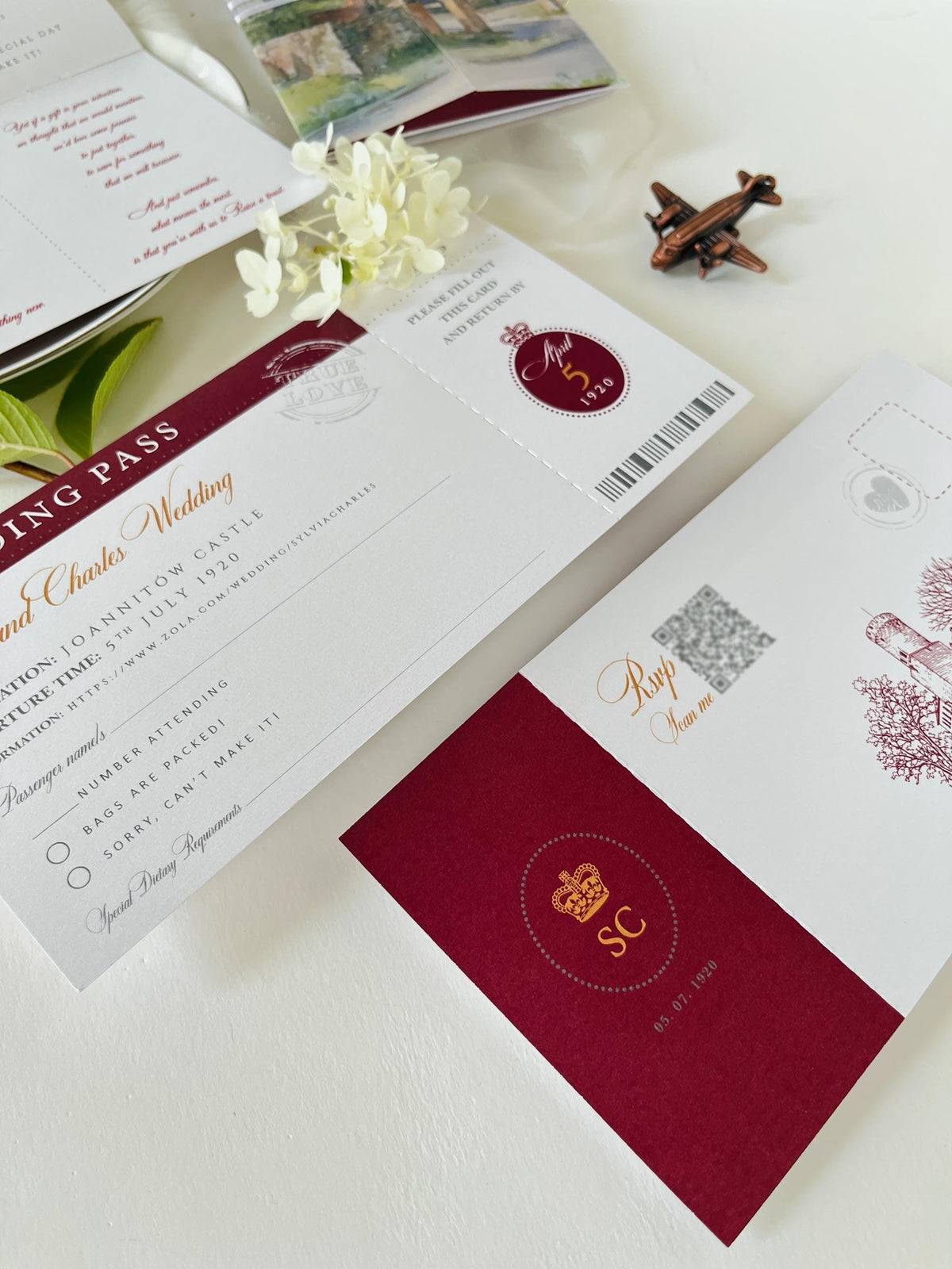 Burgundy Passport Wedding Invitations, Destination Wedding Invitation, Personalised Venue Watercolour, Travel Inspired Wedding Suite