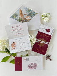 Burgundy Passport Wedding Invitations, Destination Wedding Invitation, Personalised Venue Watercolour, Travel Inspired Wedding Suite