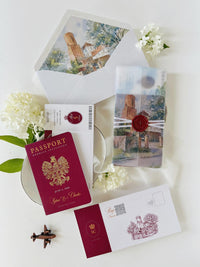 Burgundy Passport Wedding Invitations, Destination Wedding Invitation, Personalised Venue Watercolour, Travel Inspired Wedding Suite