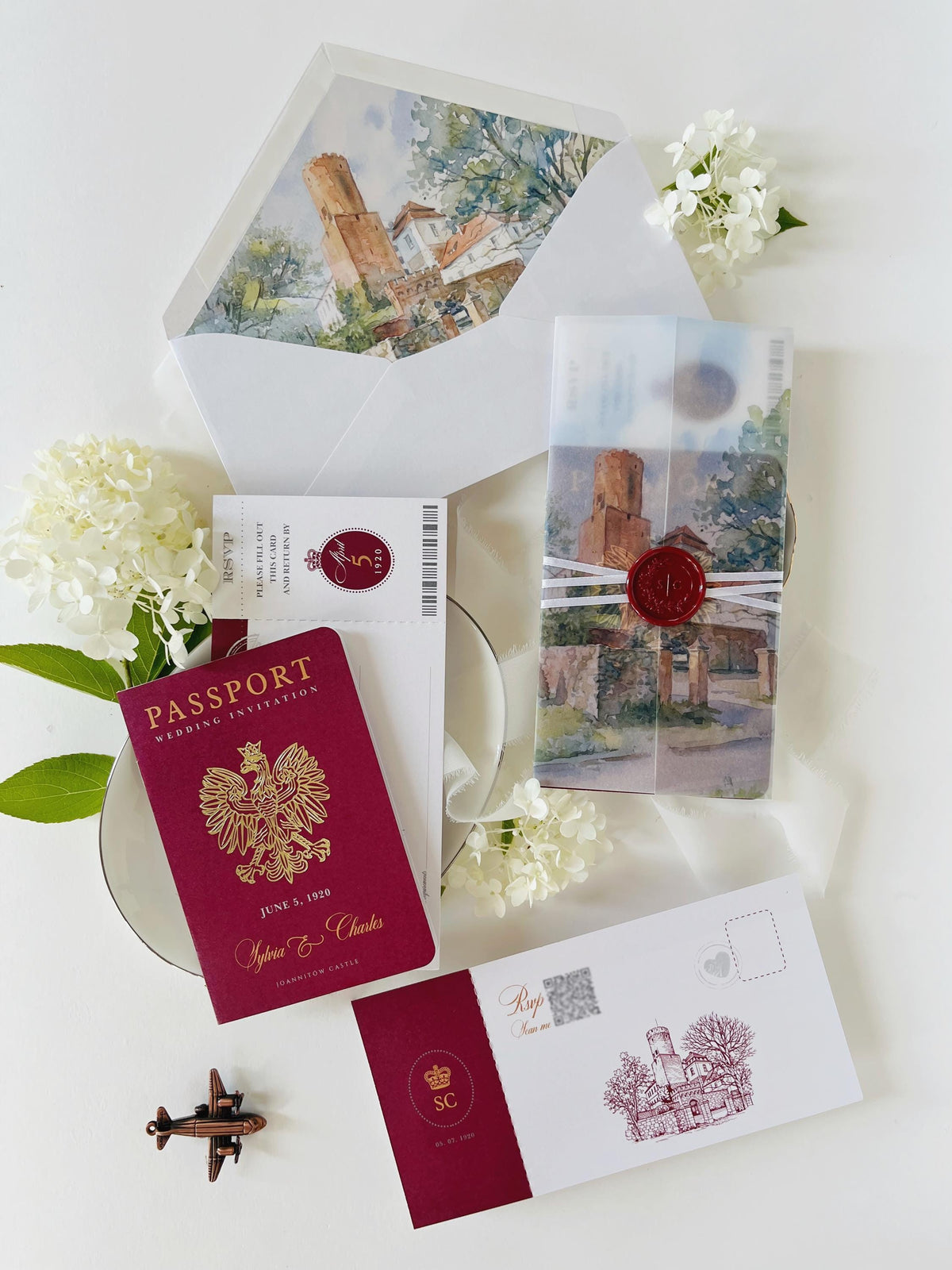 Burgundy Passport Wedding Invitations, Destination Wedding Invitation, Personalised Venue Watercolour, Travel Inspired Wedding Suite