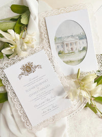 Personalised Lace Wedding Invitation with Gold Monogram & Venue Watercolour - Elegant Wedding Invitation Suite