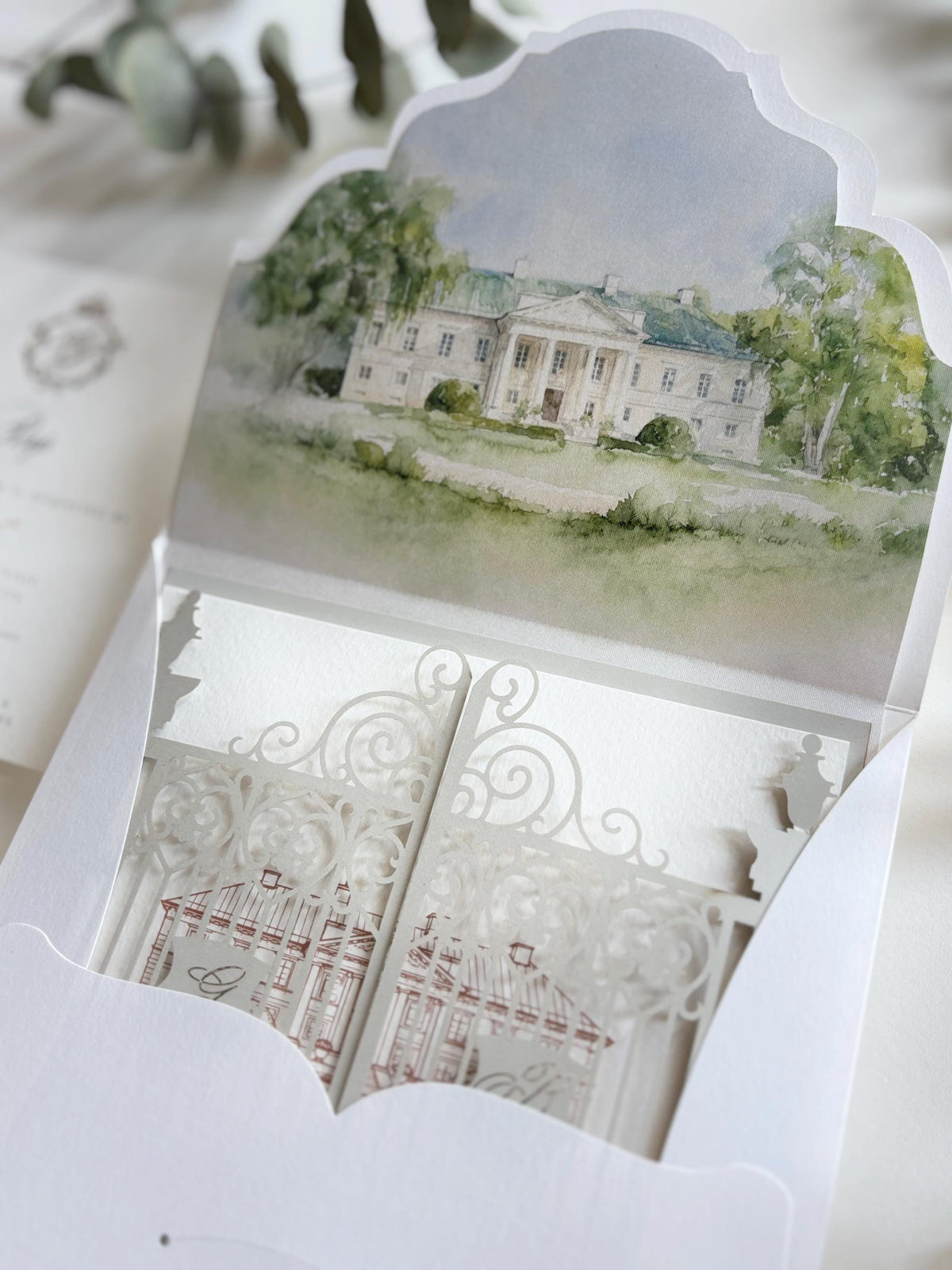 Laser Cut Gate Wedding Invitation |  Luxury Gatefold Wedding Invitation Suite | Custom Venue Sketch, Gold Foil Monogram & Watercolour Liner