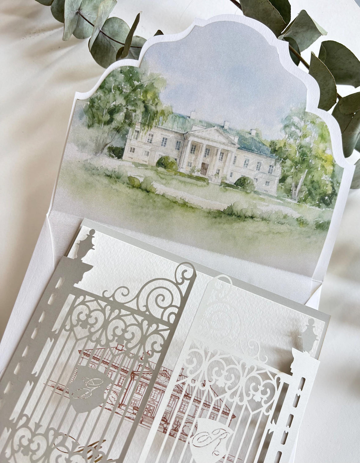 Laser Cut Gate Wedding Invitation |  Luxury Gatefold Wedding Invitation Suite | Custom Venue Sketch, Gold Foil Monogram & Watercolour Liner