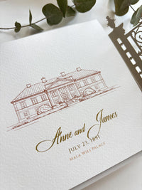 Laser Cut Gate Wedding Invitation |  Luxury Gatefold Wedding Invitation Suite | Custom Venue Sketch, Gold Foil Monogram & Watercolour Liner