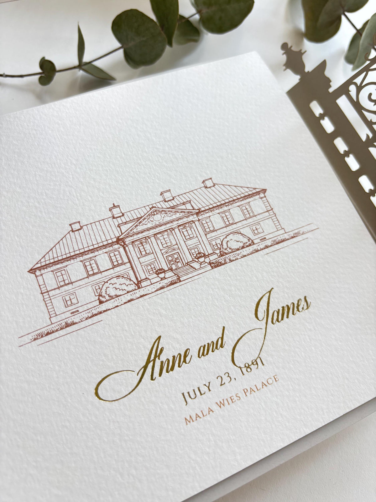 Laser Cut Gate Wedding Invitation |  Luxury Gatefold Wedding Invitation Suite | Custom Venue Sketch, Gold Foil Monogram & Watercolour Liner