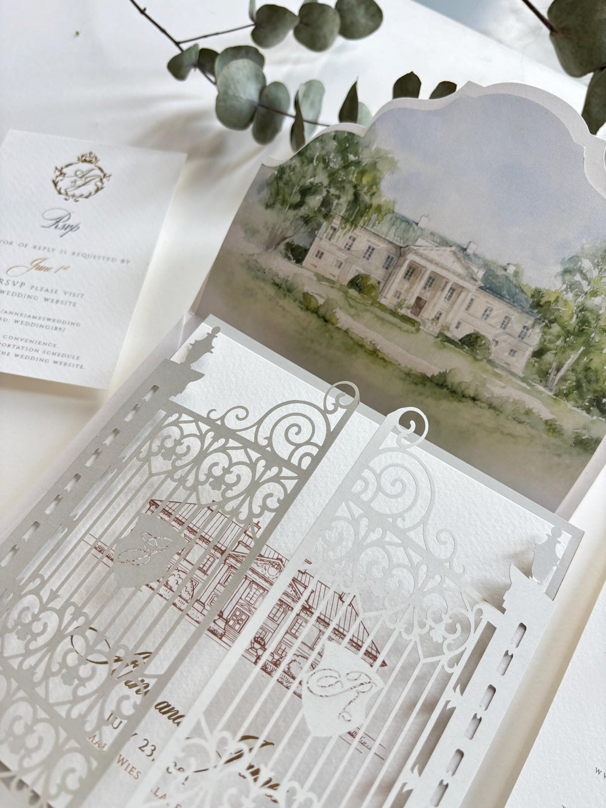Laser Cut Gate Wedding Invitation |  Luxury Gatefold Wedding Invitation Suite | Custom Venue Sketch, Gold Foil Monogram & Watercolour Liner