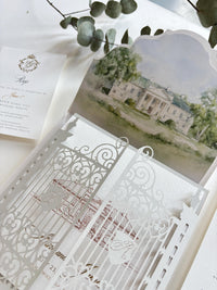 Laser Cut Gate Wedding Invitation |  Luxury Gatefold Wedding Invitation Suite | Custom Venue Sketch, Gold Foil Monogram & Watercolour Liner