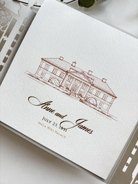 Laser Cut Gate Wedding Invitation |  Luxury Gatefold Wedding Invitation Suite | Custom Venue Sketch, Gold Foil Monogram & Watercolour Liner