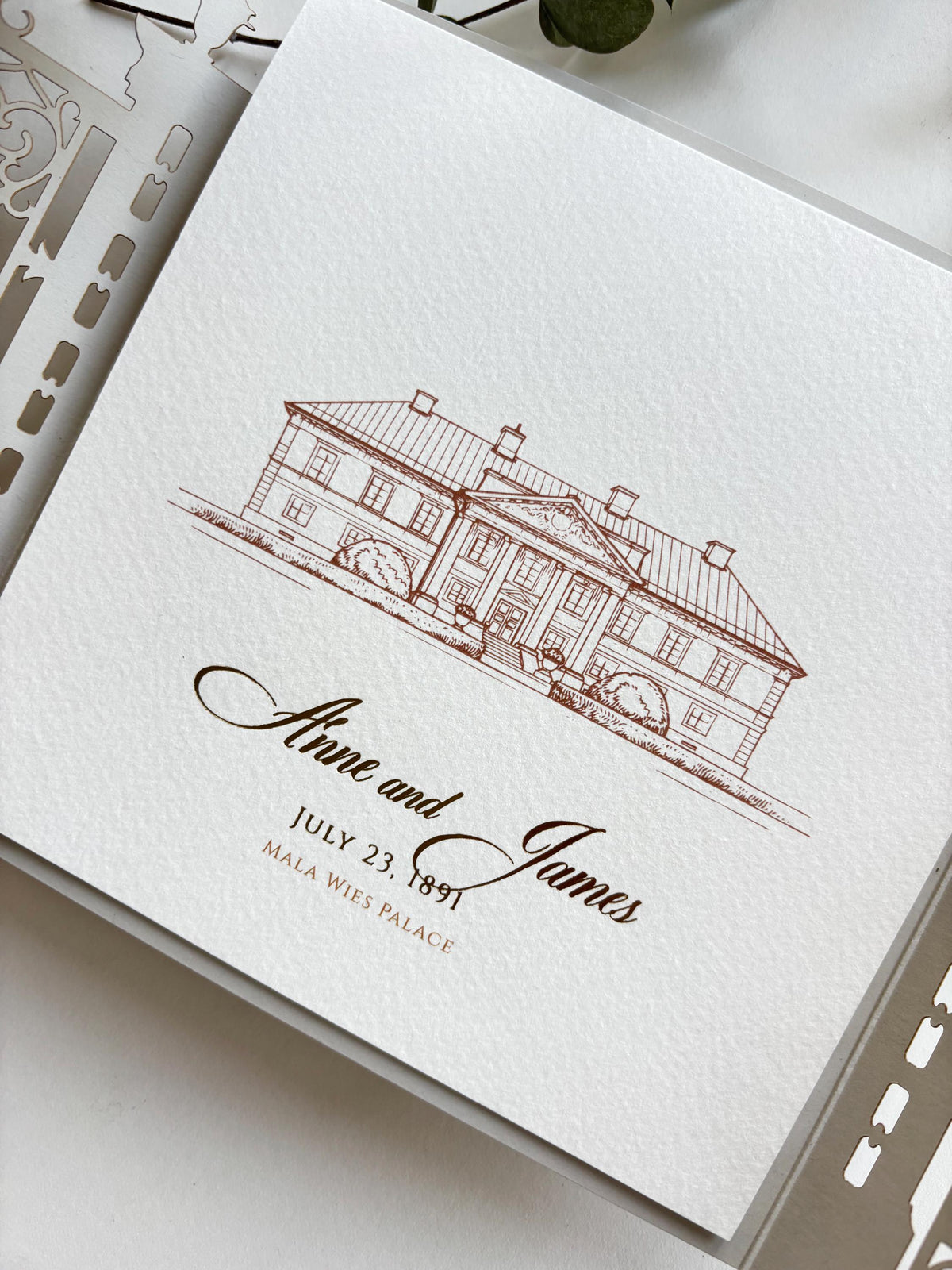 Laser Cut Gate Wedding Invitation |  Luxury Gatefold Wedding Invitation Suite | Custom Venue Sketch, Gold Foil Monogram & Watercolour Liner
