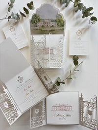 Laser Cut Gate Wedding Invitation |  Luxury Gatefold Wedding Invitation Suite | Custom Venue Sketch, Gold Foil Monogram & Watercolour Liner
