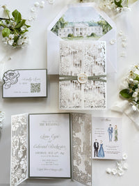 Watercolour Wedding Venue Invitation Suite, Sage Green Gatefold Invitation, Custom Venue Illustration, Laser Cut Wedding Invite