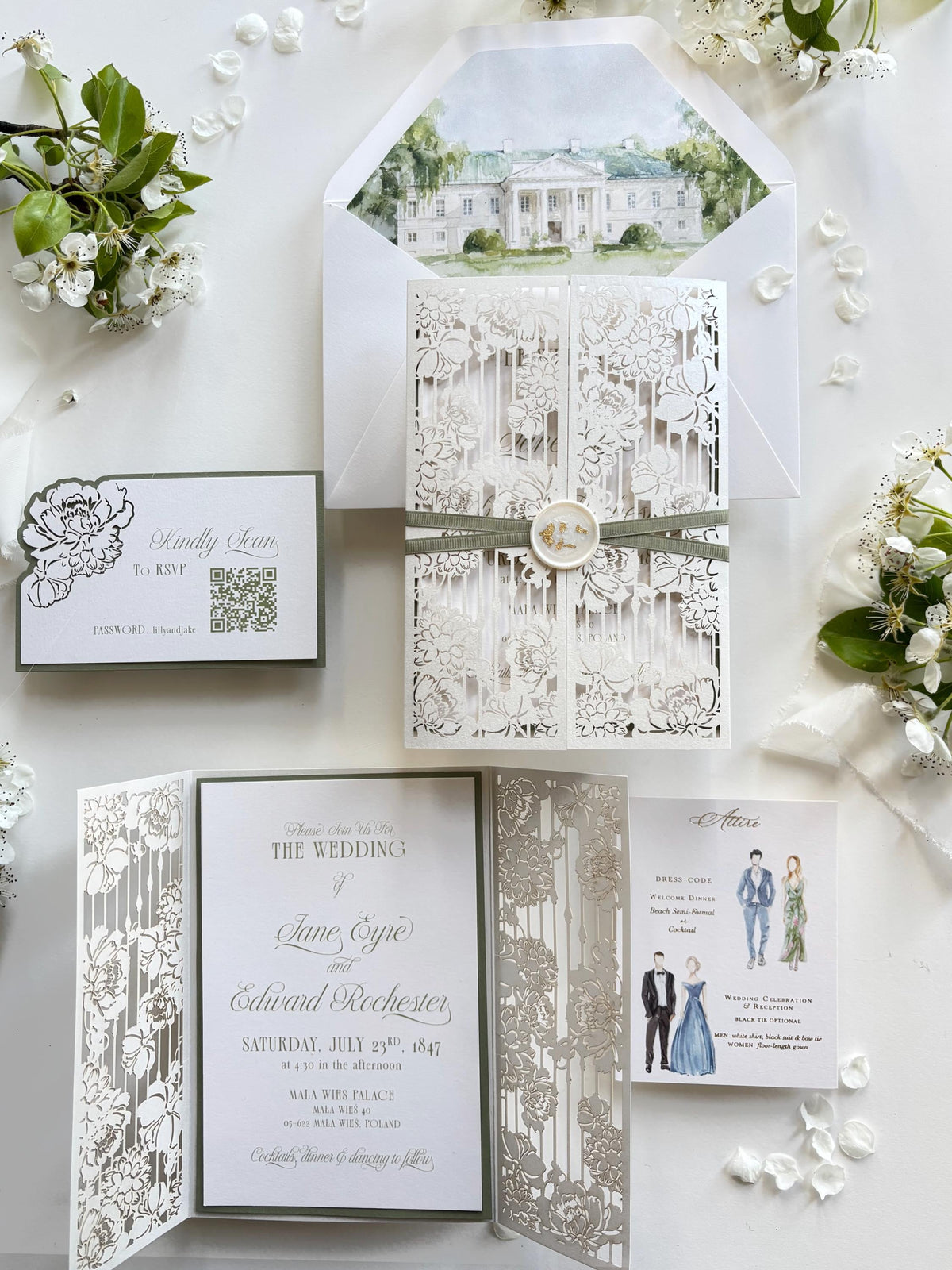 Watercolour Wedding Venue Invitation Suite, Sage Green Gatefold Invitation, Custom Venue Illustration, Laser Cut Wedding Invite