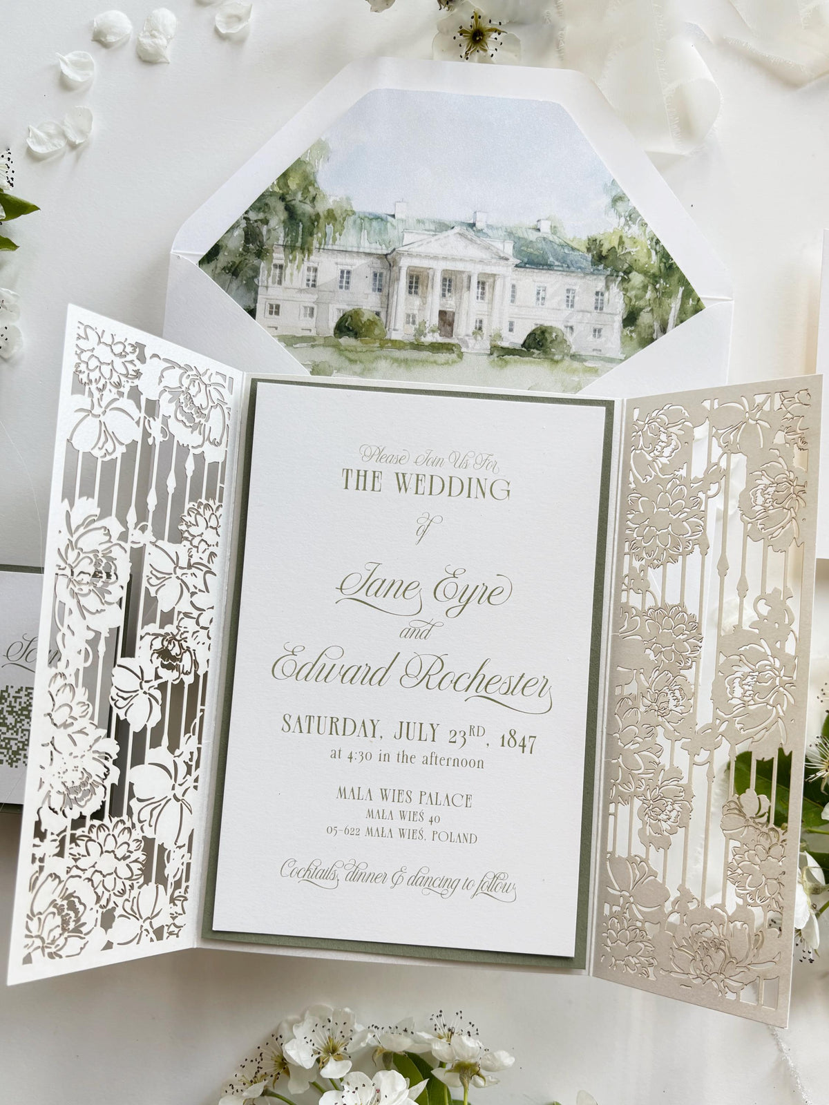 Watercolour Wedding Venue Invitation Suite, Sage Green Gatefold Invitation, Custom Venue Illustration, Laser Cut Wedding Invite