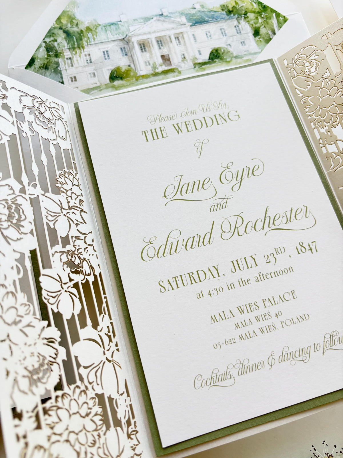 Watercolour Wedding Venue Invitation Suite, Sage Green Gatefold Invitation, Custom Venue Illustration, Laser Cut Wedding Invite