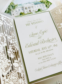 Watercolour Wedding Venue Invitation Suite, Sage Green Gatefold Invitation, Custom Venue Illustration, Laser Cut Wedding Invite