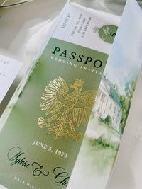 Sage Green Passport Wedding Invitation | Wedding Abroad | Travel Wedding Suite | Vellum Cover with Watercolour Venue | Boarding Pass