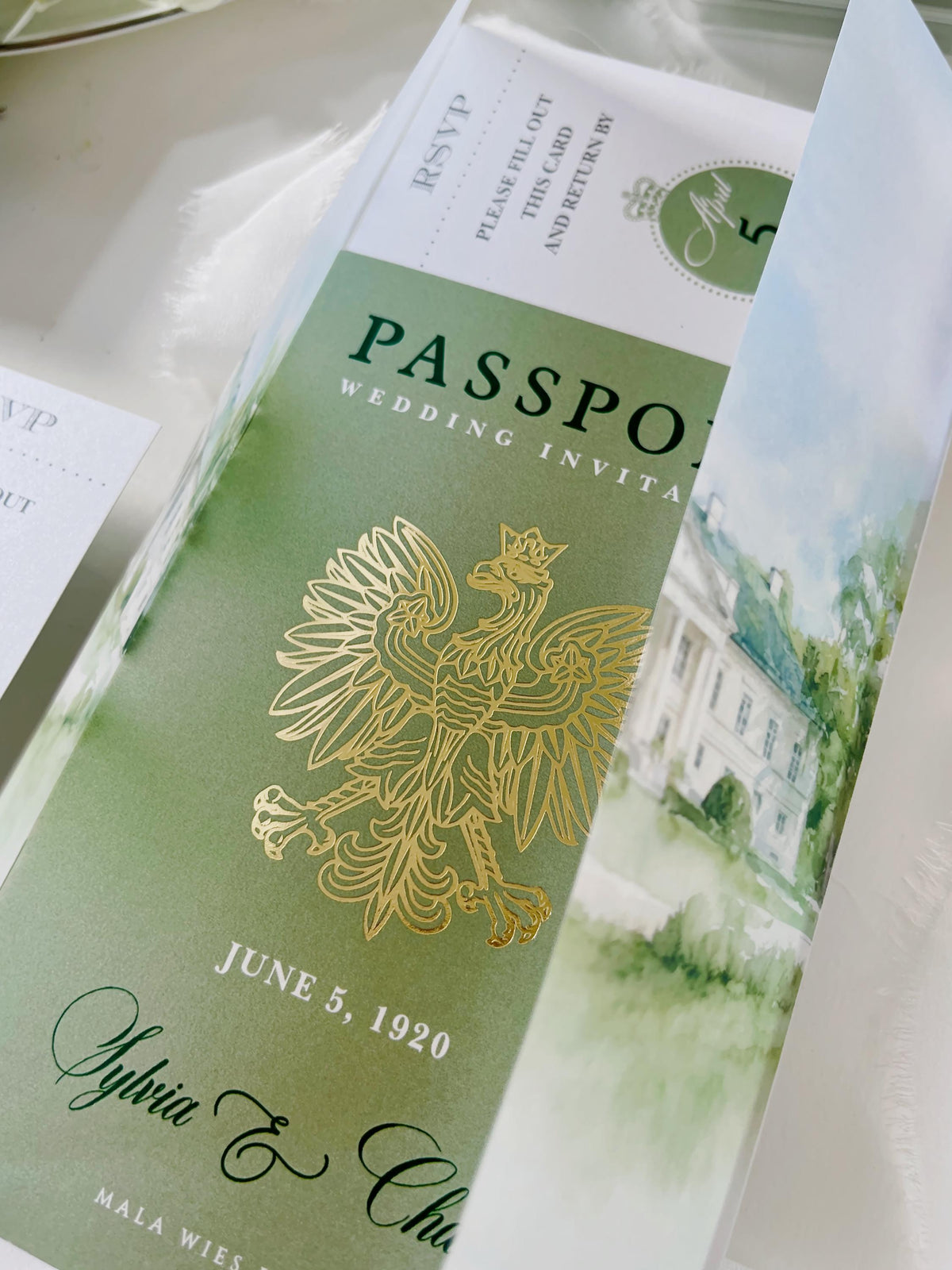 Sage Green Passport Wedding Invitation | Wedding Abroad | Travel Wedding Suite | Vellum Cover with Watercolour Venue | Boarding Pass