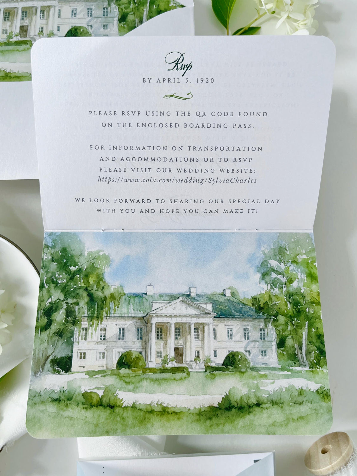 Sage Green Passport Wedding Invitation | Wedding Abroad | Travel Wedding Suite | Vellum Cover with Watercolour Venue | Boarding Pass