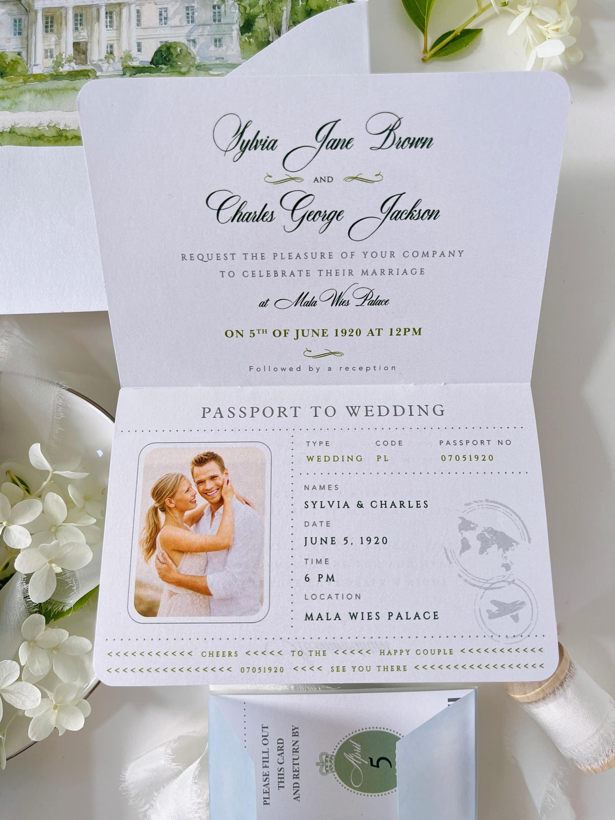 Sage Green Passport Wedding Invitation | Wedding Abroad | Travel Wedding Suite | Vellum Cover with Watercolour Venue | Boarding Pass