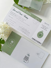 Sage Green Passport Wedding Invitation | Wedding Abroad | Travel Wedding Suite | Vellum Cover with Watercolour Venue | Boarding Pass