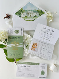 Sage Green Passport Wedding Invitation | Wedding Abroad | Travel Wedding Suite | Vellum Cover with Watercolour Venue | Boarding Pass