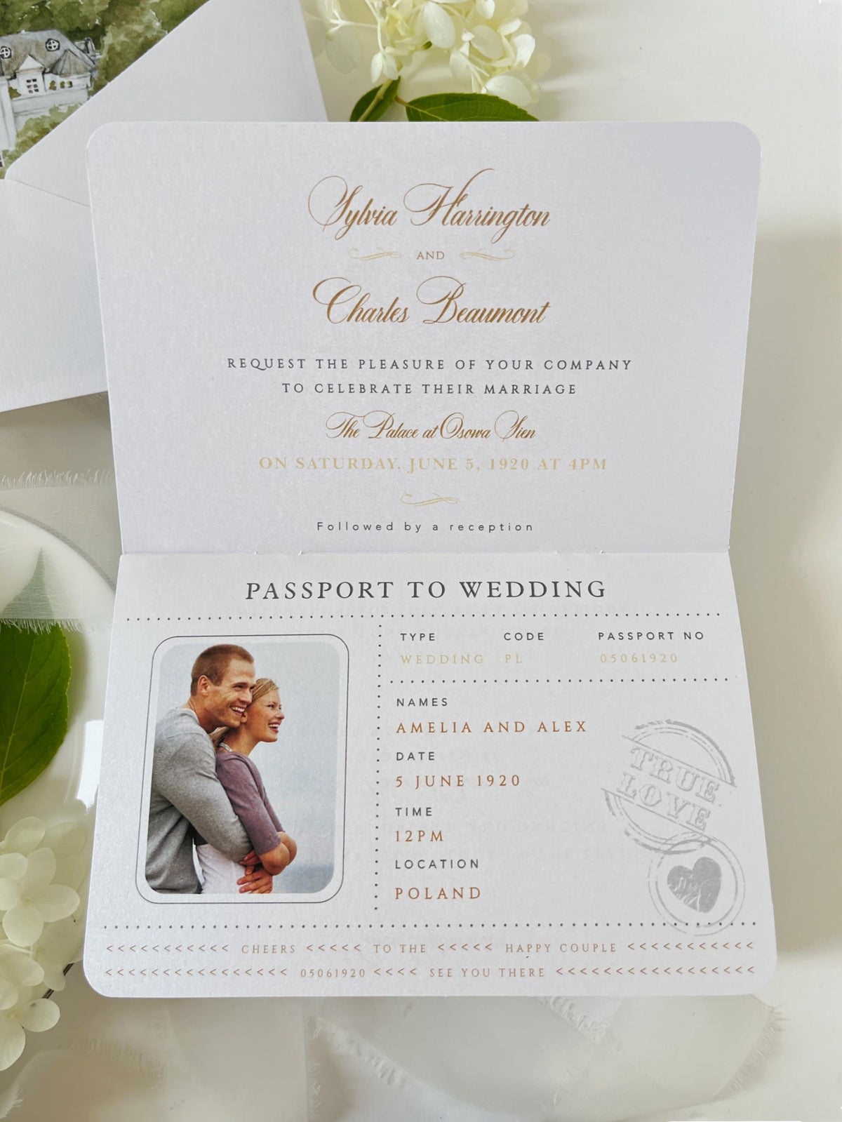 Personalised Blue Passport Wedding Invitation | Custom Vellum Watercolour Design | European Destination Wedding | Travel Wedding
