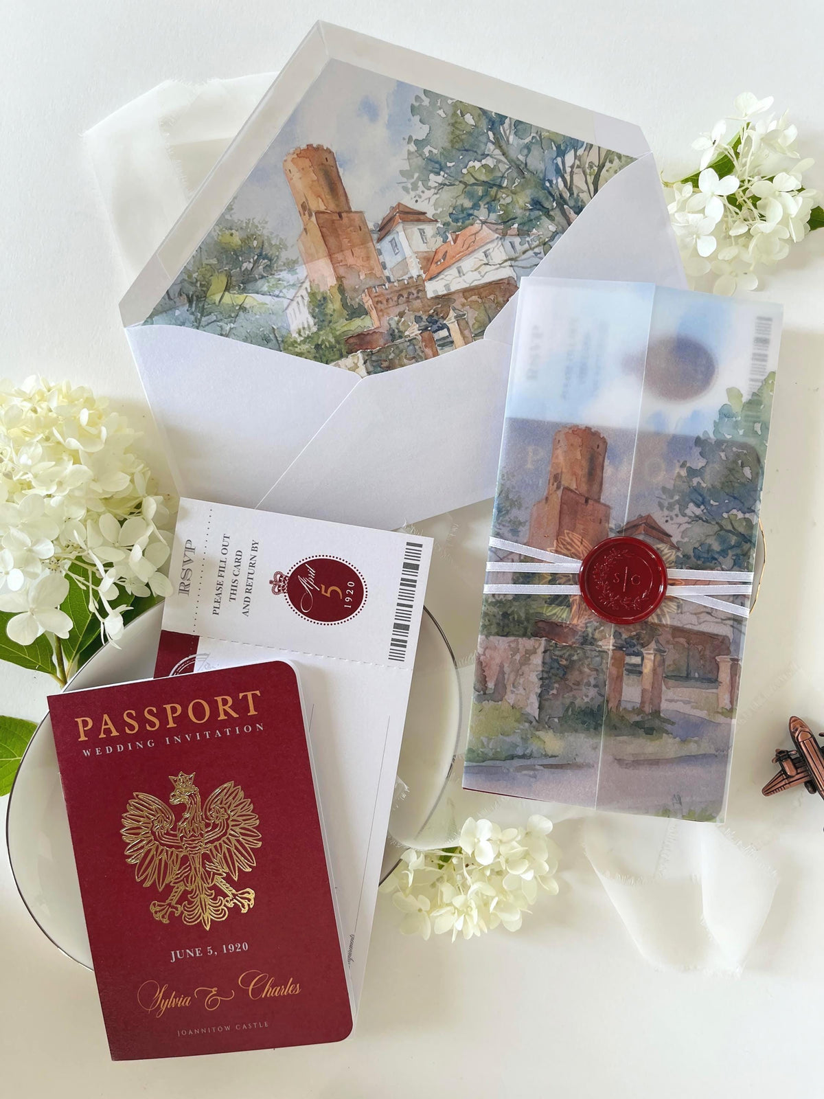 Burgundy Passport Wedding Invitations, Destination Wedding Invitation, Personalised Venue Watercolour, Travel Inspired Wedding Suite
