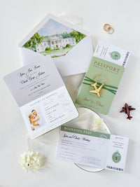 Sage Green Vegan Leather Passport Wedding Invitation | Custom Watercolour Venue Illustration | Destination Wedding Suite with Boarding Pass