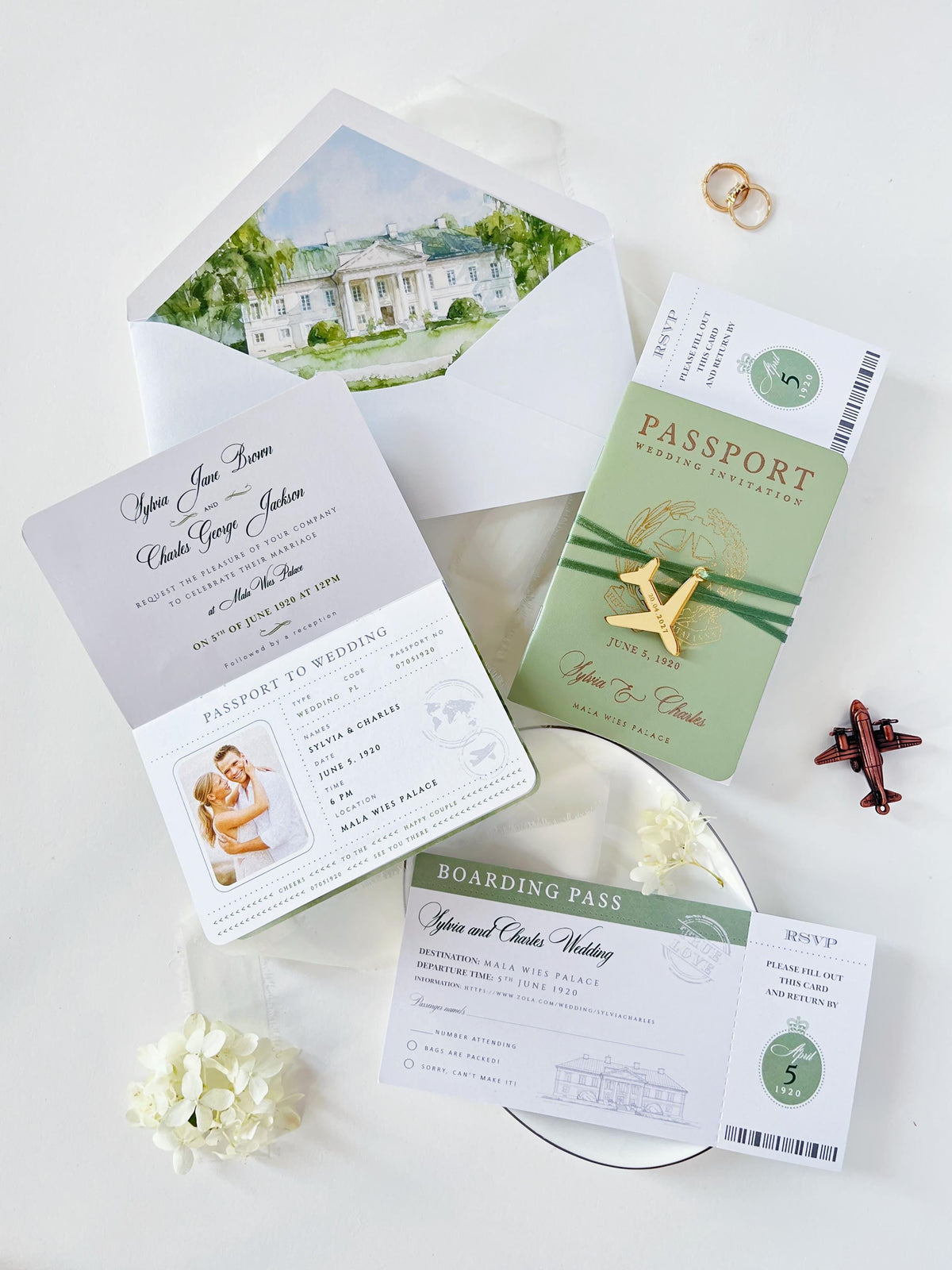 Sage Green Vegan Leather Passport Wedding Invitation | Custom Watercolour Venue Illustration | Destination Wedding Suite with Boarding Pass