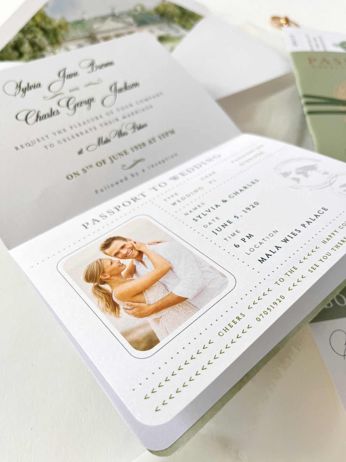 Sage Green Vegan Leather Passport Wedding Invitation | Custom Watercolour Venue Illustration | Destination Wedding Suite with Boarding Pass