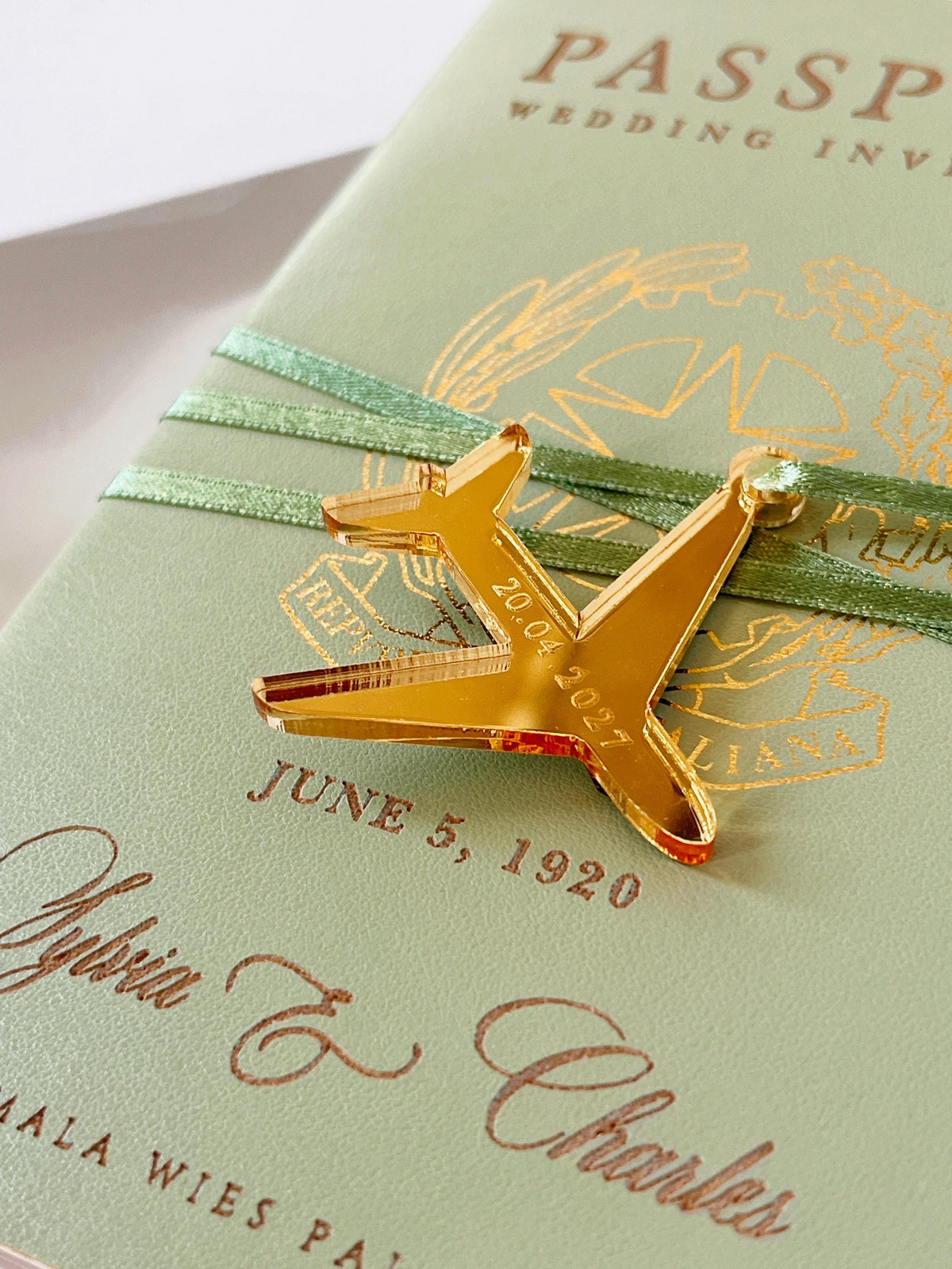 Sage Green Vegan Leather Passport Wedding Invitation | Custom Watercolour Venue Illustration | Destination Wedding Suite with Boarding Pass