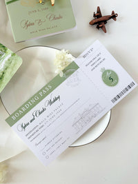Sage Green Vegan Leather Passport Wedding Invitation | Custom Watercolour Venue Illustration | Destination Wedding Suite with Boarding Pass