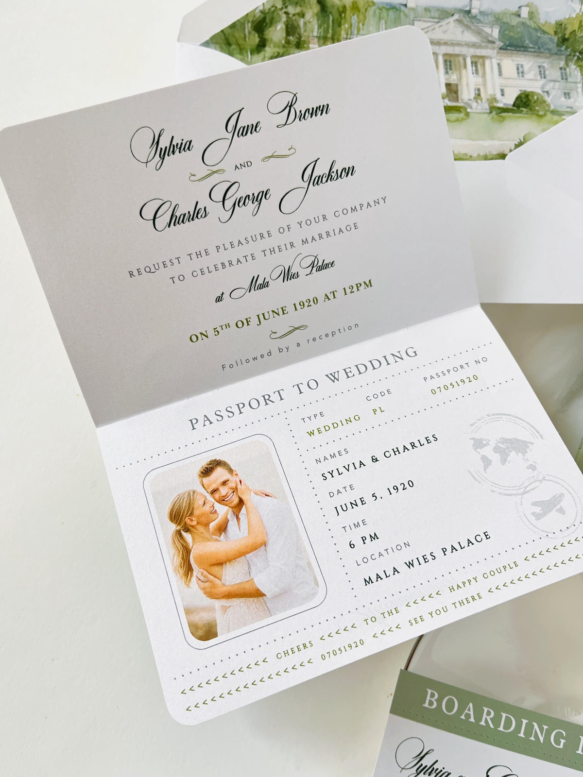 Sage Green Vegan Leather Passport Wedding Invitation | Custom Watercolour Venue Illustration | Destination Wedding Suite with Boarding Pass
