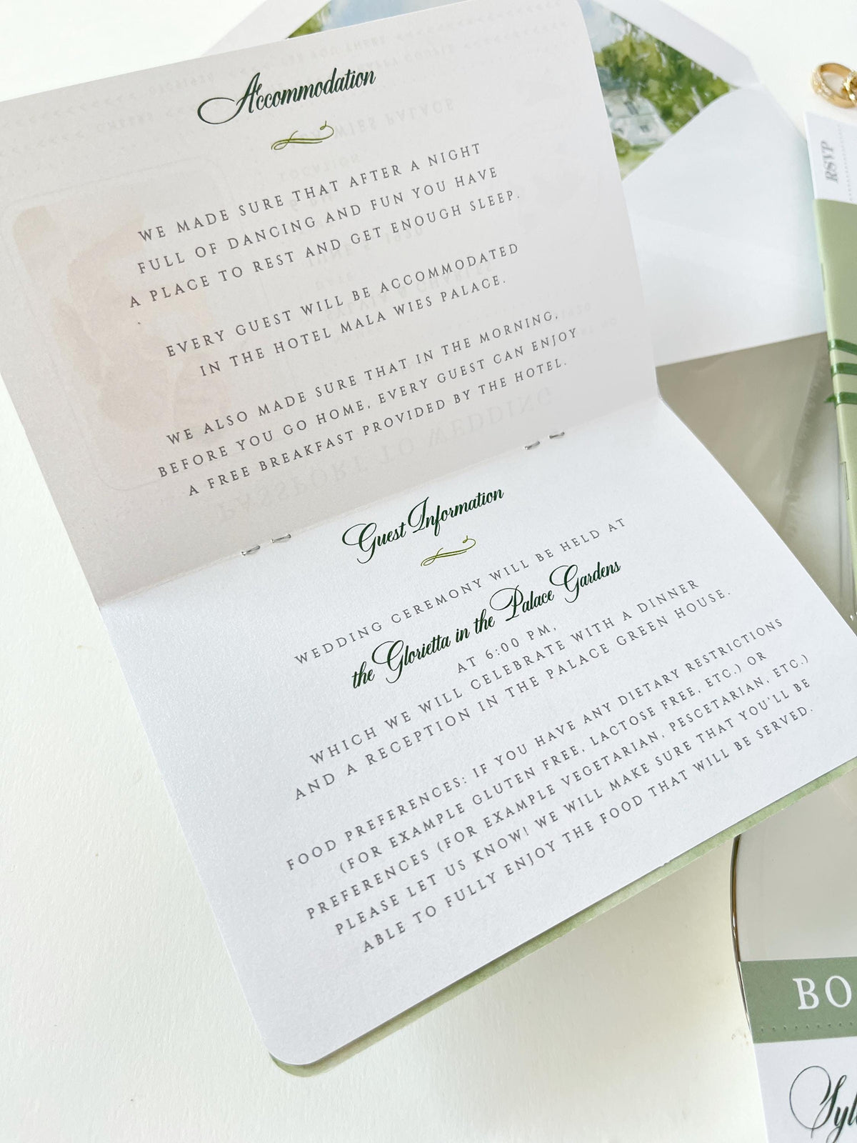 Sage Green Vegan Leather Passport Wedding Invitation | Custom Watercolour Venue Illustration | Destination Wedding Suite with Boarding Pass