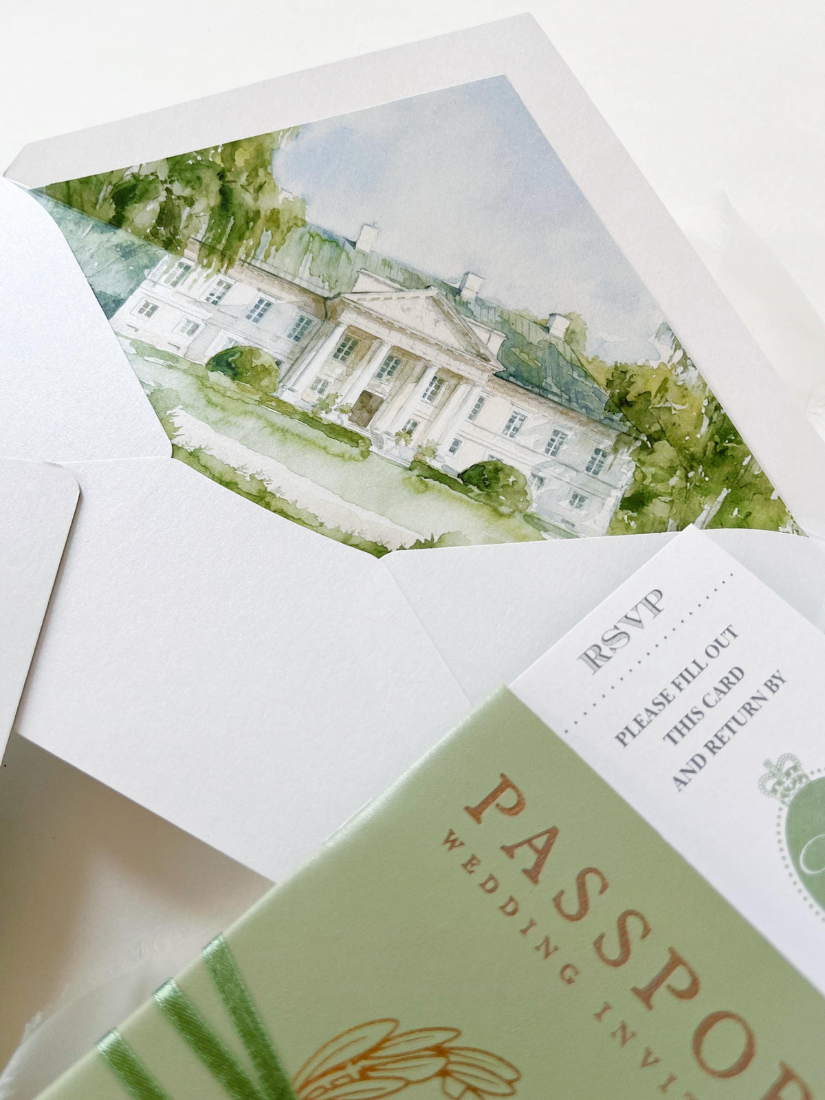 Sage Green Vegan Leather Passport Wedding Invitation | Custom Watercolour Venue Illustration | Destination Wedding Suite with Boarding Pass