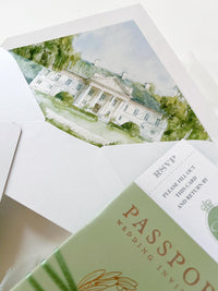 Sage Green Vegan Leather Passport Wedding Invitation | Custom Watercolour Venue Illustration | Destination Wedding Suite with Boarding Pass