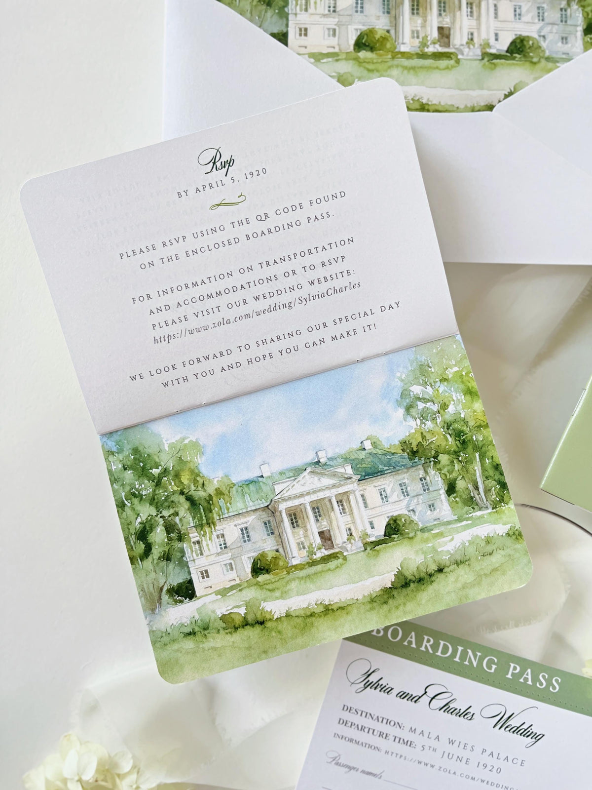 Sage Green Vegan Leather Passport Wedding Invitation | Custom Watercolour Venue Illustration | Destination Wedding Suite with Boarding Pass