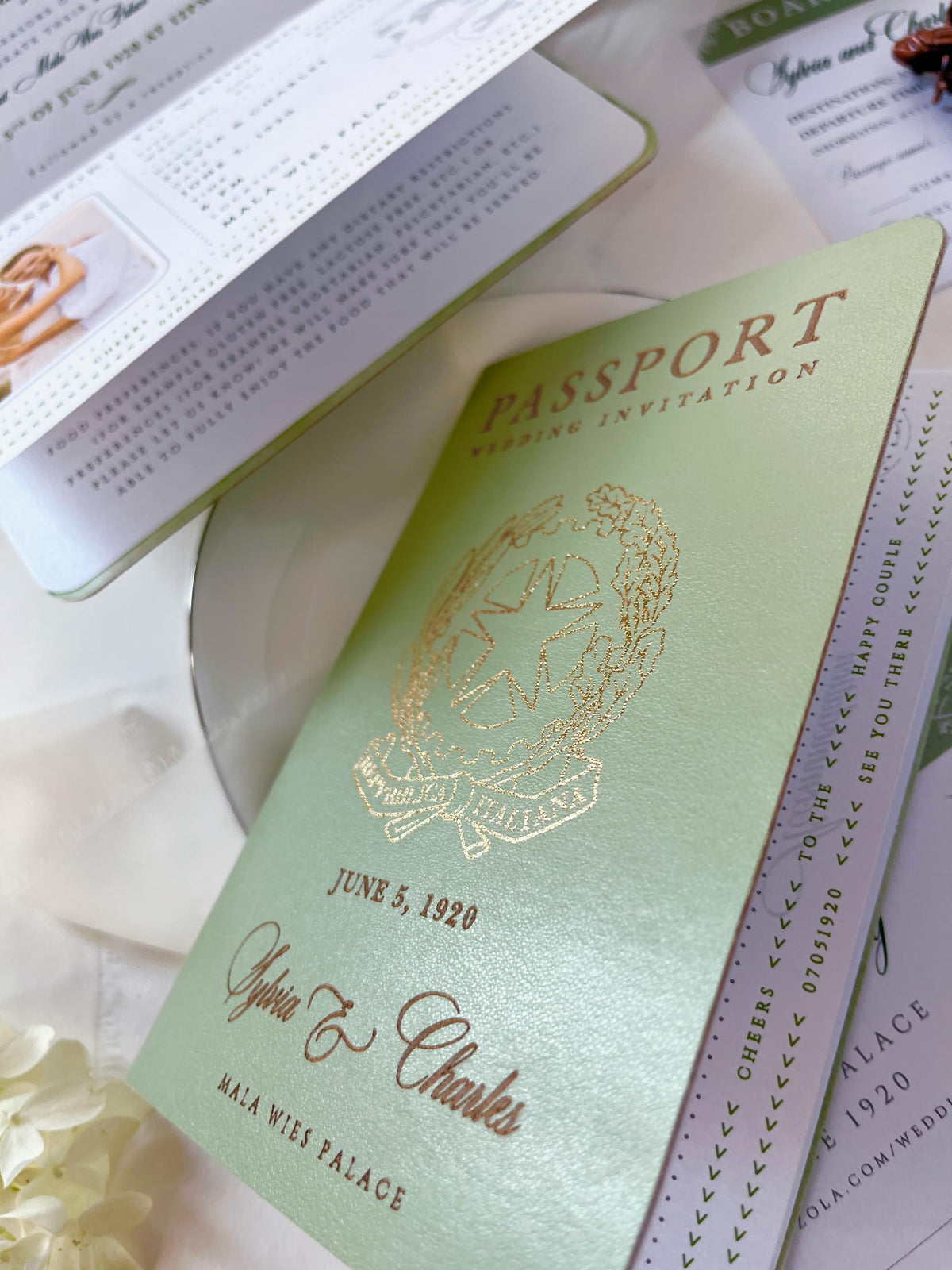 Sage Green Vegan Leather Passport Wedding Invitation | Custom Watercolour Venue Illustration | Destination Wedding Suite with Boarding Pass