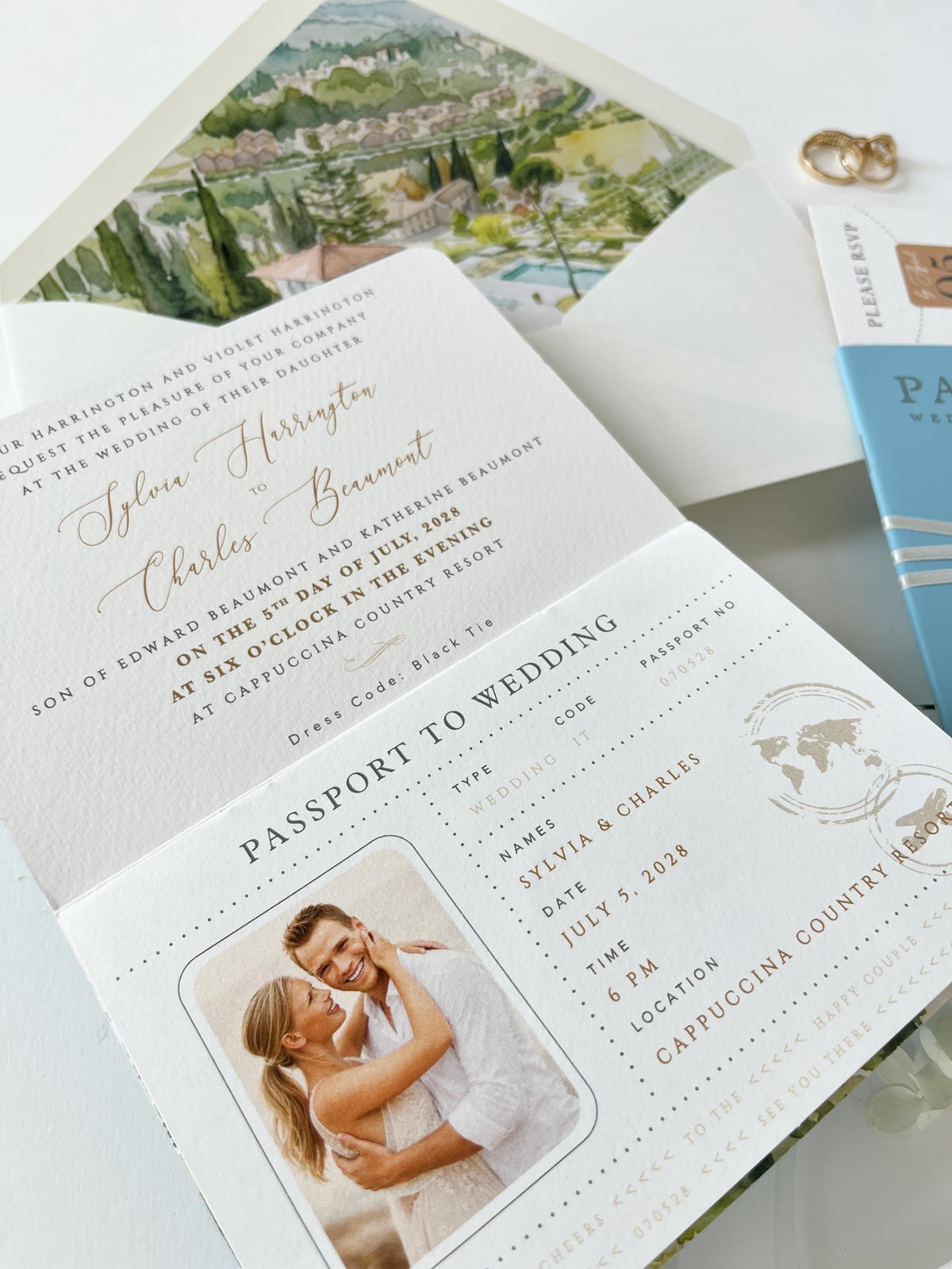 Travel Inspired Passport Wedding Invitation | Watercolour Venue Illustration with Boarding Pass RSVP | Destination Wedding