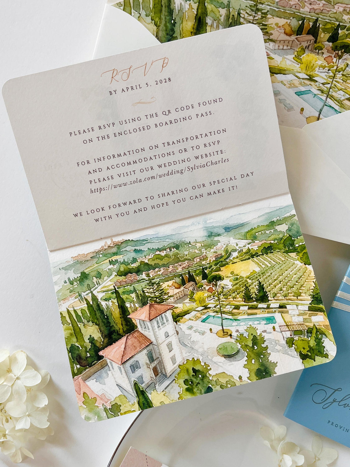 Travel Inspired Passport Wedding Invitation | Watercolour Venue Illustration with Boarding Pass RSVP | Destination Wedding