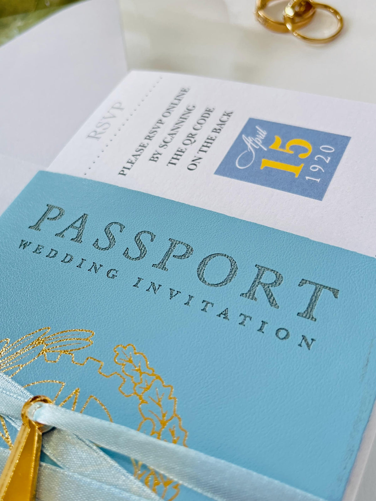 Custom Watercolor Venue Wedding Invitation | Blue Vegan Leather Passport Invite with Boarding Pass RSVP | Destination Wedding