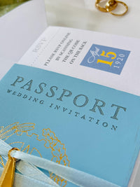 Custom Watercolor Venue Wedding Invitation | Blue Vegan Leather Passport Invite with Boarding Pass RSVP | Destination Wedding