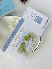Custom Watercolor Venue Wedding Invitation | Blue Vegan Leather Passport Invite with Boarding Pass RSVP | Destination Wedding