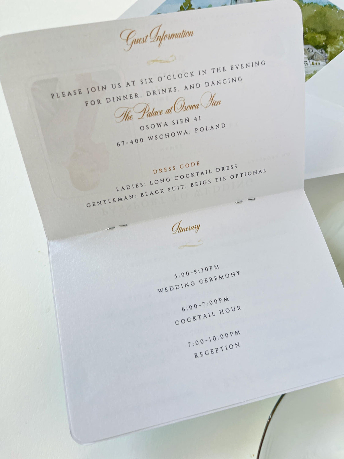 Custom Watercolor Venue Wedding Invitation | Blue Vegan Leather Passport Invite with Boarding Pass RSVP | Destination Wedding