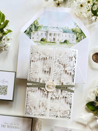 Watercolour Wedding Venue Invitation Suite, Sage Green Gatefold Invitation, Custom Venue Illustration, Laser Cut Wedding Invite