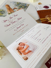 Luxury Vegan Leather Passport Wedding Invitation with Custom Venue Illustration | Destination Wedding