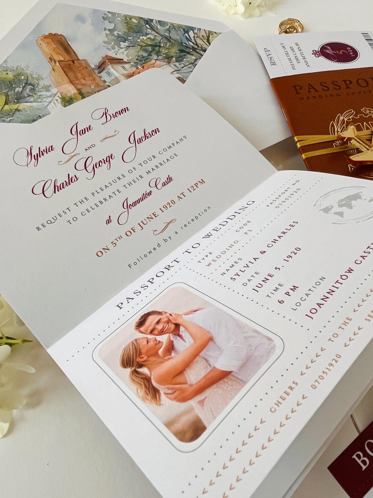 Luxury Vegan Leather Passport Wedding Invitation with Custom Venue Illustration | Destination Wedding