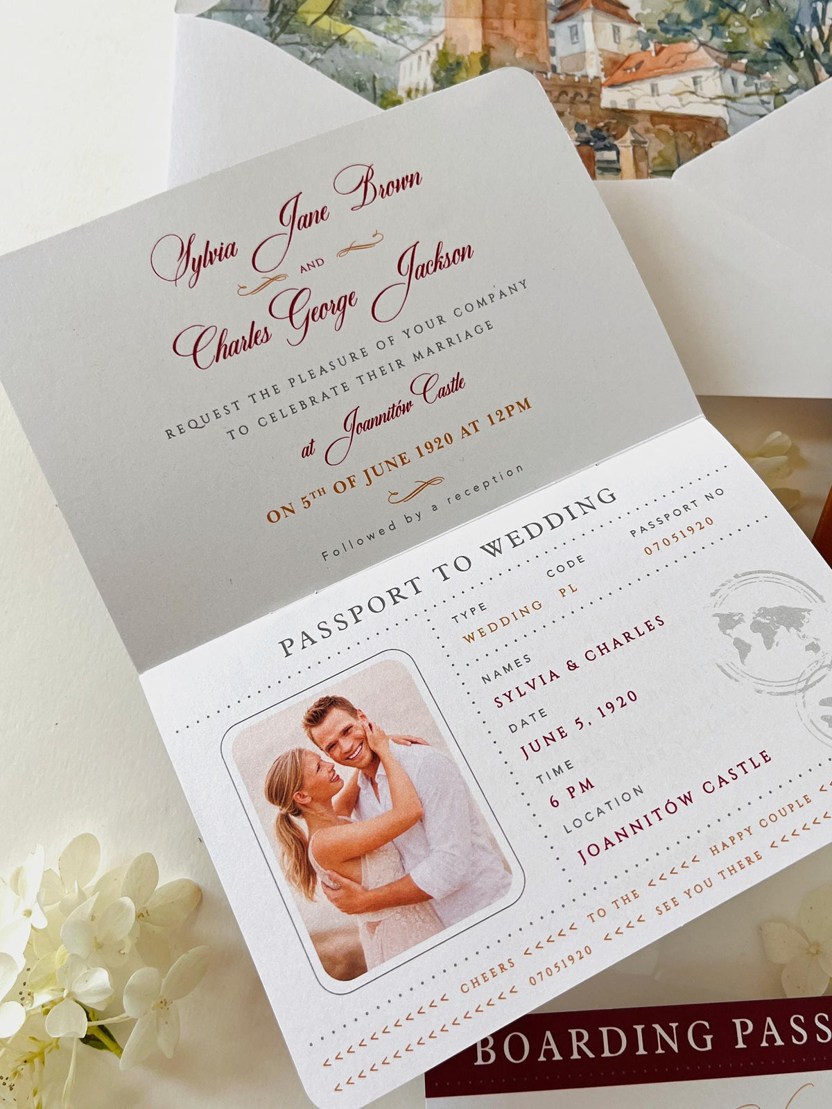 Luxury Vegan Leather Passport Wedding Invitation with Custom Venue Illustration | Destination Wedding