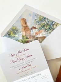 Luxury Vegan Leather Passport Wedding Invitation with Custom Venue Illustration | Destination Wedding
